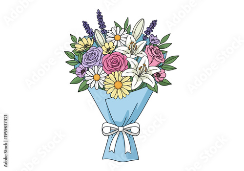 Cartoon bouquet of assorted flowers wrapped in light blue paper with a white bow