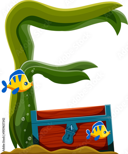 Pirate font cartoon treasure chest and seaweed letter E. Pirate treasure hunt type element, piracy maritime font vector letter. Corsair nautical typeset with locked chest on sea bottom, fish and algae