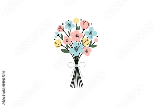 Stylized bouquet of pink yellow and blue flowers tied with a gray ribbon