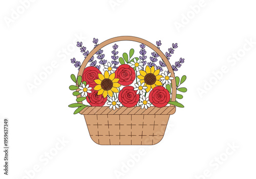 Illustration of a woven basket filled with sunflowers red roses daisies and lavender