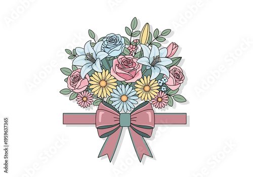 Pastel bouquet of roses lilies and daisies tied with a mauve bow