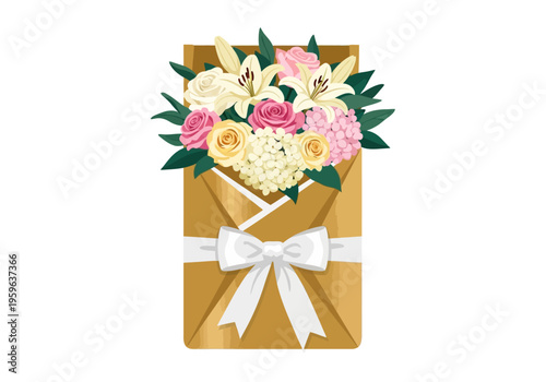 Gold envelope tied with white ribbon overflowing with colorful flowers