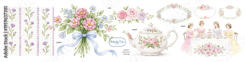 Vintage watercolor floral set with roses, bouquet, teapot and elegant ladies tea party. Romantic shabby chic illustration for wedding design, seamless pattern, invitation, cards and feminine branding.