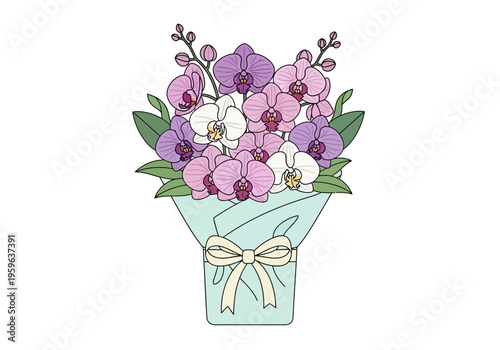 A bouquet of purple pink and white Phalaenopsis orchids wrapped in light blue paper with a cream ribbon