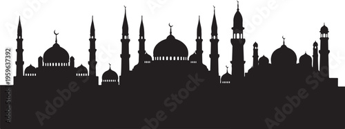 Silhouette of a mosque with domes and minarets standing tall