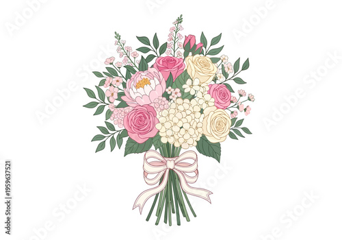 A pastelcolored floral bouquet with pink cream and yellow flowers tied with a ribbon