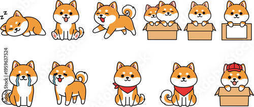 Cute Shiba Inu dog character set featuring playful poses sleeping sitting jumping and hiding in box in adorable cartoon vector illustration style