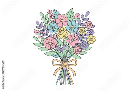 A pastelcolored bouquet of mixed flowers tied with a peach ribbon
