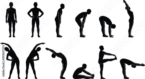 Black silhouette set of people doing yoga stretching and gymnastic exercise poses for fitness and wellness isolated on white background