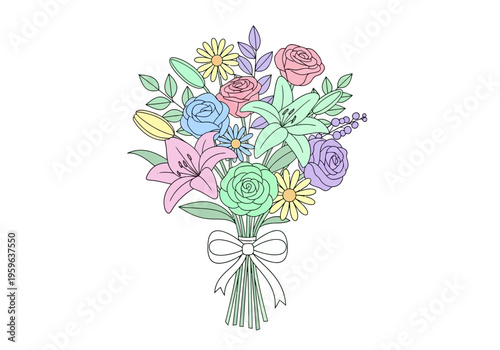 A pastelcolored lineart drawing of a floral bouquet tied with a ribbon