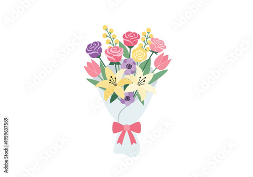A vibrant bouquet of colorful flowers wrapped in light blue paper with a pink bow