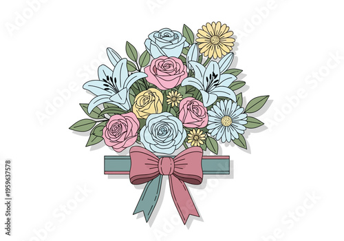 Bouquet illustration with pastel flowers green leaves and a large pink and teal bow