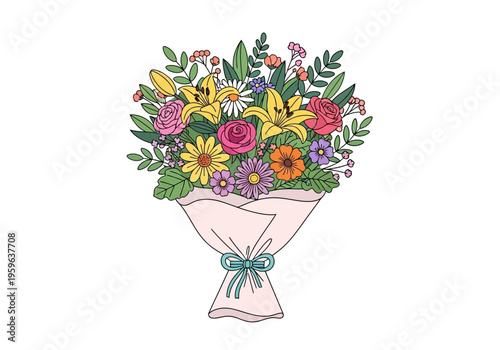 Colorful floral bouquet wrapped in light pink paper with a blue ribbon