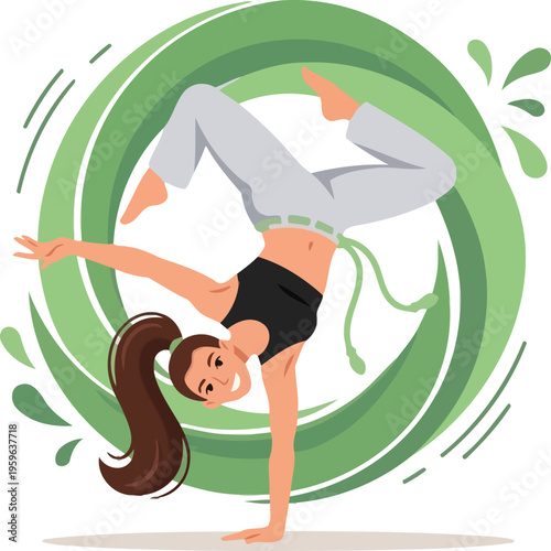 Capoeira Female Acrobat Handstand Pose, Brazilian Martial Arts Dance Vector Illustration