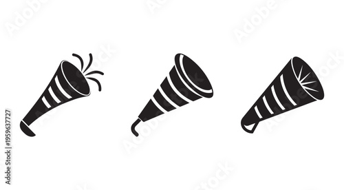 Black and white illustrations of three different megaphones with various designs on a plain white background for communication and announcement concepts  simple iconic graphic elements