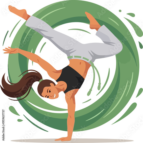 Capoeira Female Acrobat Handstand Pose, Brazilian Martial Arts Dance Vector Illustration