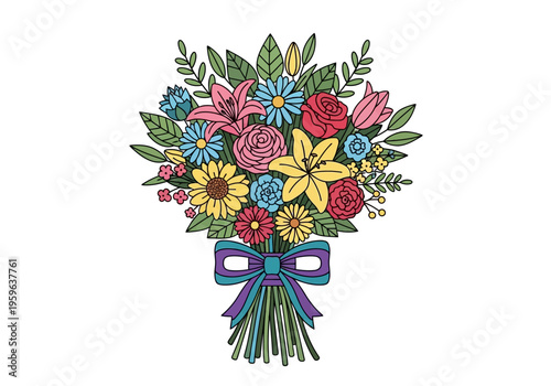 Colorful handdrawn bouquet of mixed flowers tied with a teal and purple bow