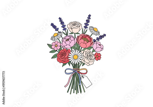 Handtied bouquet illustration with ribbon and blank tag