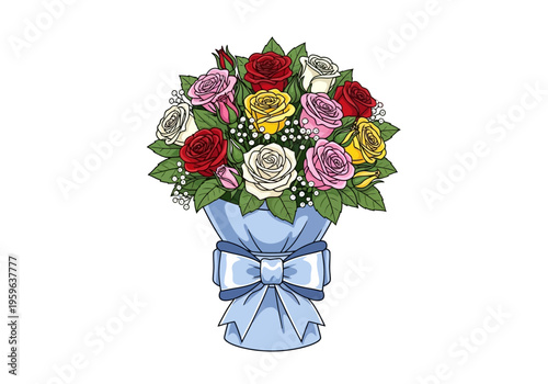 Colorful rose bouquet wrapped in blue paper with a light blue bow