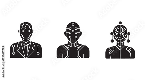 Black and white illustrations of robotic human heads with circuit boards and wires on their faces and bodies in different styles and outfits  futuristic technology concept