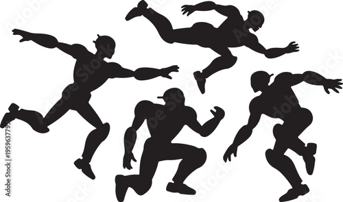 Robot Silhouettes Set Robots Performing Various Poses and Actions silhouette, black and white silhouette, vector and illustration	