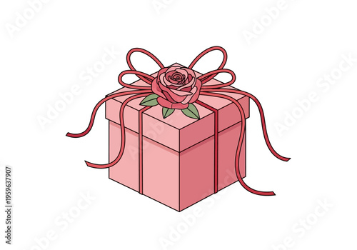 Pink gift box with a rose and ribbon on a white background