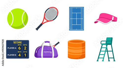 Tennis players prepare for a match with various equipment on a sunny court with vector graphics.