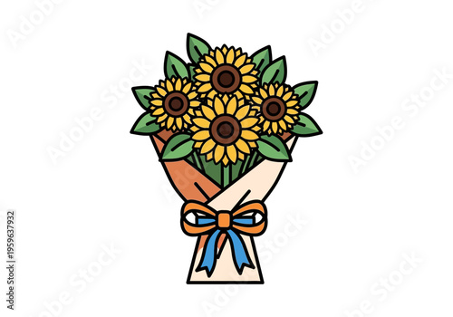 Stylized illustration of a bouquet of five sunflowers wrapped in paper and tied with a blue bow