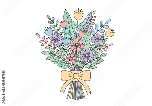 Pastelcolored illustrated bouquet of flowers tied with a yellow bow