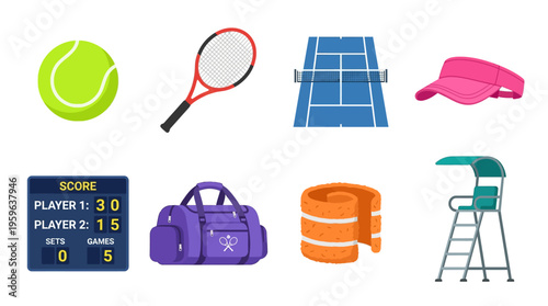 Vector illustration of various tennis equipment and accessories arranged on a clean surface