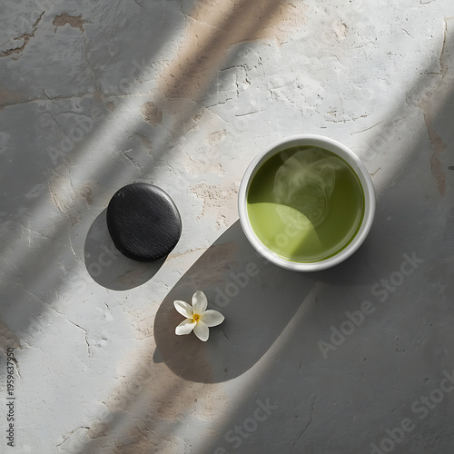 Steaming Matcha Tea with Spa Stone & White Flower on Concrete