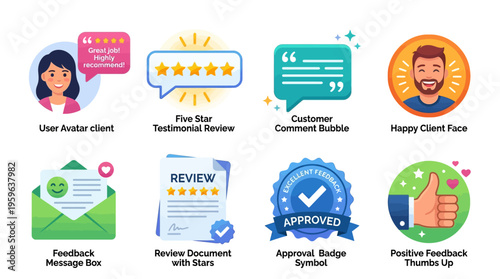 Vector icons of customer reviews and feedback with happy client faces, testimonials, ratings, and approval badges on a collection of vector graphics.