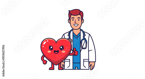 Doctor with smiling heart character illustration, healthcare and cardiology concept, medical professional promoting heart health and wellness, friendly cartoon style isolated on background