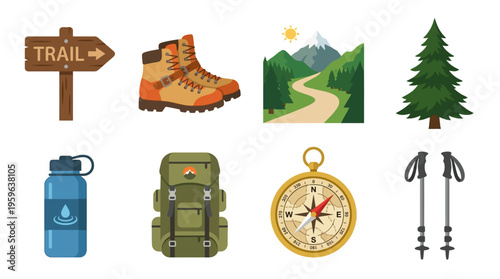 Hikers prepare for a journey with hiking boots, backpack, compass, trekking poles, and water bottle on a scenic trail in a vector illustration.