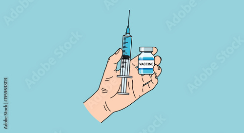 Hand holding syringe and pills illustration, vaccination and medication concept, healthcare treatment and immunization theme, medical tools isolated on blue background