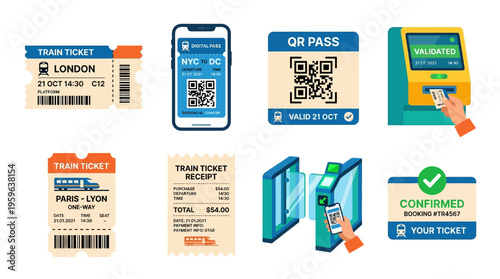 Vector illustrations of various travel tickets and passes being scanned or checked at a gate.