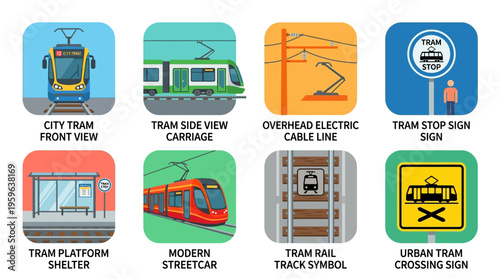 Vector illustration of a modern streetcar and urban tram system with overhead electric cable lines and various transportation signs.