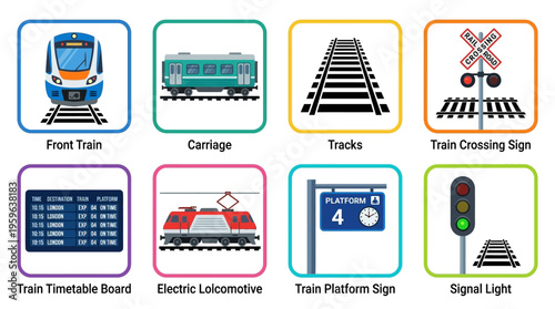 Vector illustration of a train station with various transportation icons and signs.