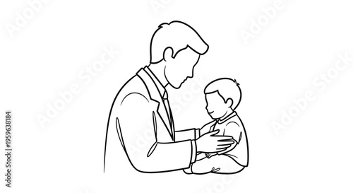 Doctor holding baby line art illustration, pediatric healthcare concept, newborn care and medical examination, minimal outline drawing isolated on white background