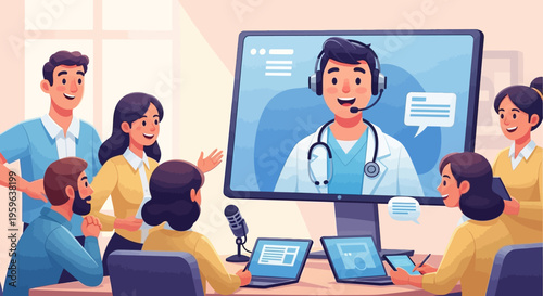 Online doctor consultation with group meeting, telemedicine presentation on screen, healthcare training and virtual medical conference concept, digital health communication illustration