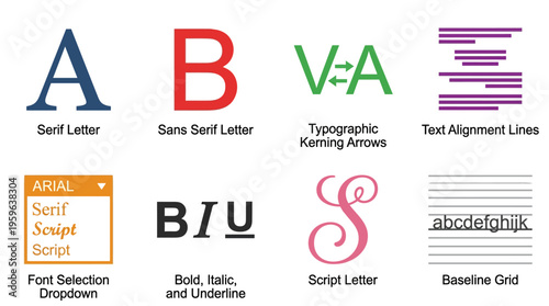 A vector graphic illustration of various typographic elements and font styles on a clean surface