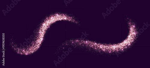 Pink sparkling glitter and confetti wave with glowing dust trail, magic star particles and stardust splash. Vector glowing star dust or shimmer trace, filled with twinkling sparkles and bokeh lights