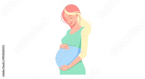 Pregnant woman illustration in soft gradient colors, expecting mother holding baby bump, maternity and motherhood concept, prenatal care and female health theme isolated on background