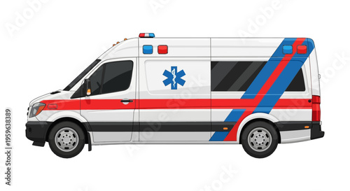Ambulance side view illustration, emergency medical service vehicle with red cross symbol, healthcare transport concept, rescue van isolated on background for hospital and emergency themes