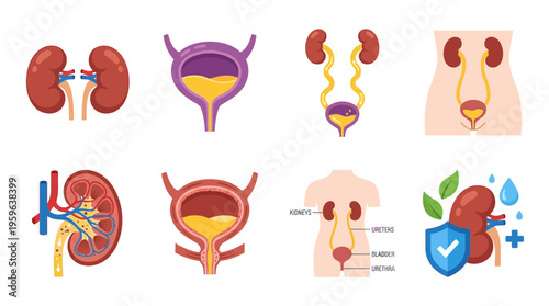 The vector illustrations display various human kidney anatomy and urinary system diagrams from multiple angles and perspectives.