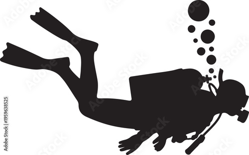 Scuba Diver Silhouette with Air Bubbles – Underwater Diving Gear Black and White Vector Illustration