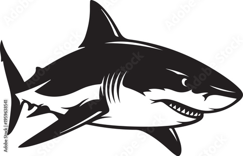Black and white shark graphic with sharp teeth illustration