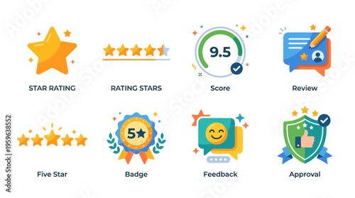 Vector graphics illustrate a star rating system with review icons and approval badges on a digital interface.