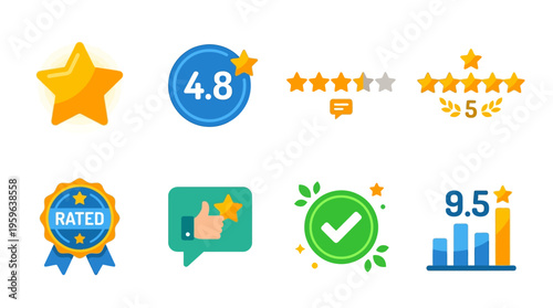A vector graphic illustration of a star, rating symbols, and a thumbs up icon with a checkmark and a bar chart on a vector background.
