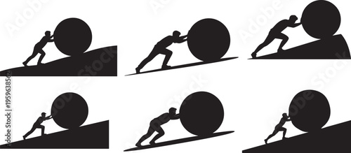 Set of Person Pushing Boulder Uphill Silhouette – Effort, Struggle and Determination Concept Vector Illustration